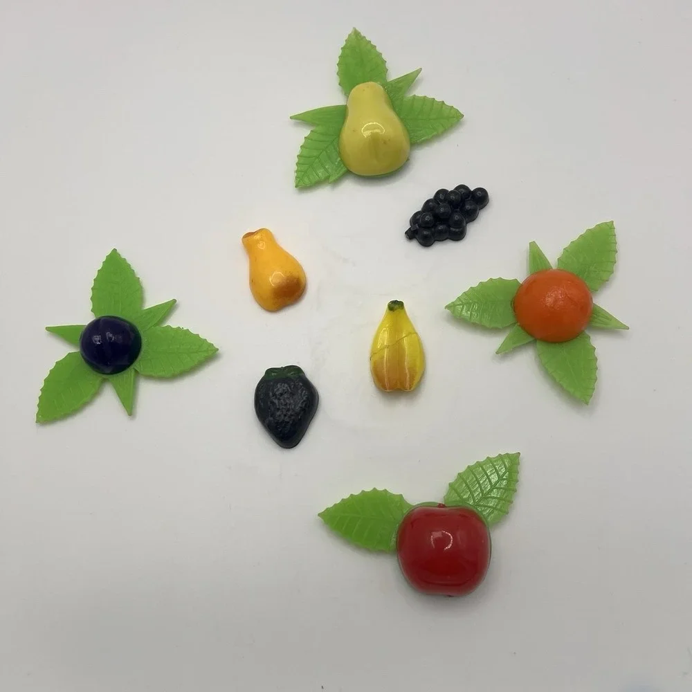 Vintage 60's Lot of 8 Refrigerator Retro  Magnets Fruit & Flowers Kitschy Groovy